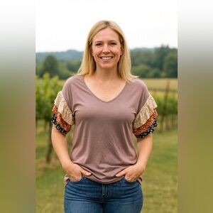 Celeste Large Brown V Neck Ruffle Sleeve Blouse